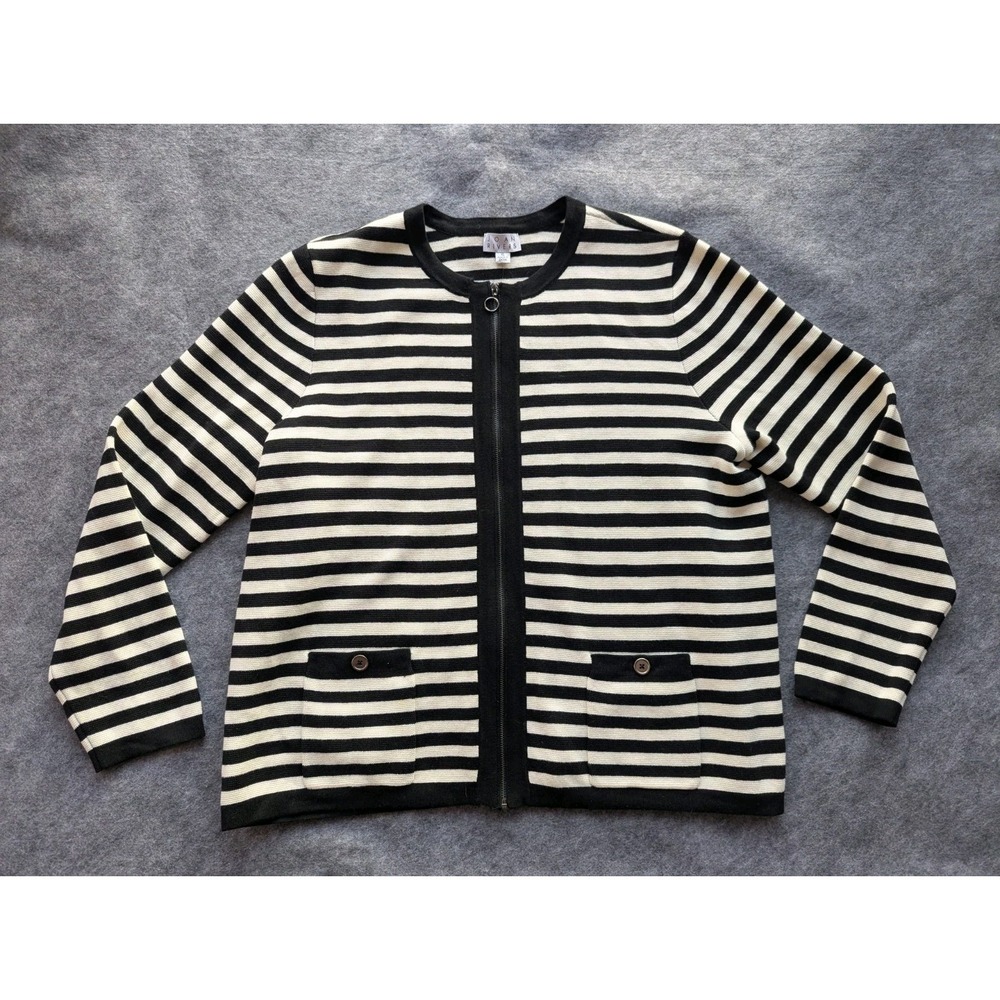 Joan Rivers Sweater Womens XL White Black Striped Full Zip Knit Cardigan
